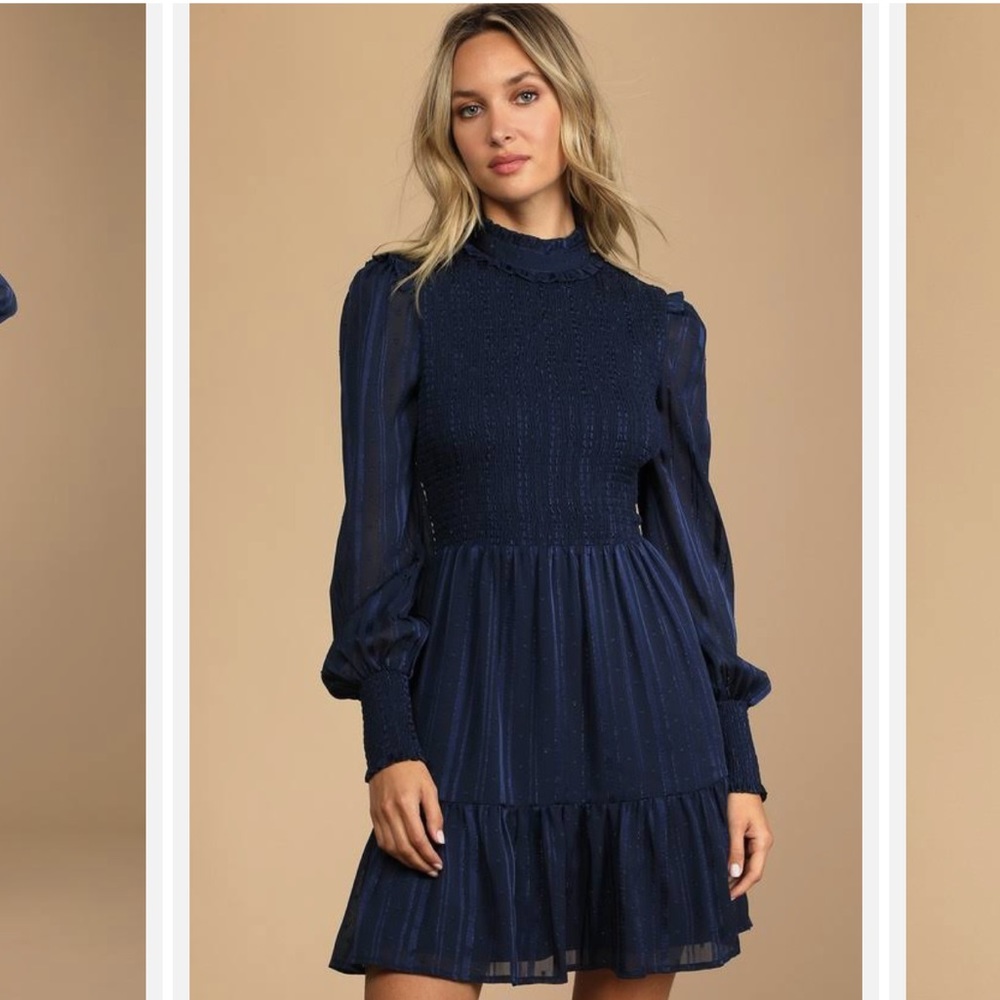 Lulu’s Heartful Romance Navy Striped Smocked Long Sleeve Mini Dress